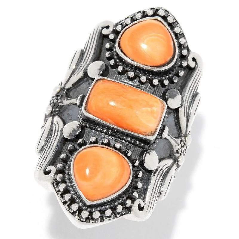 She adored her handcrafted gemstone rings with natural turquoise-Sterling Silver Orange Spiny Oyster 3-Stone Shield Ring