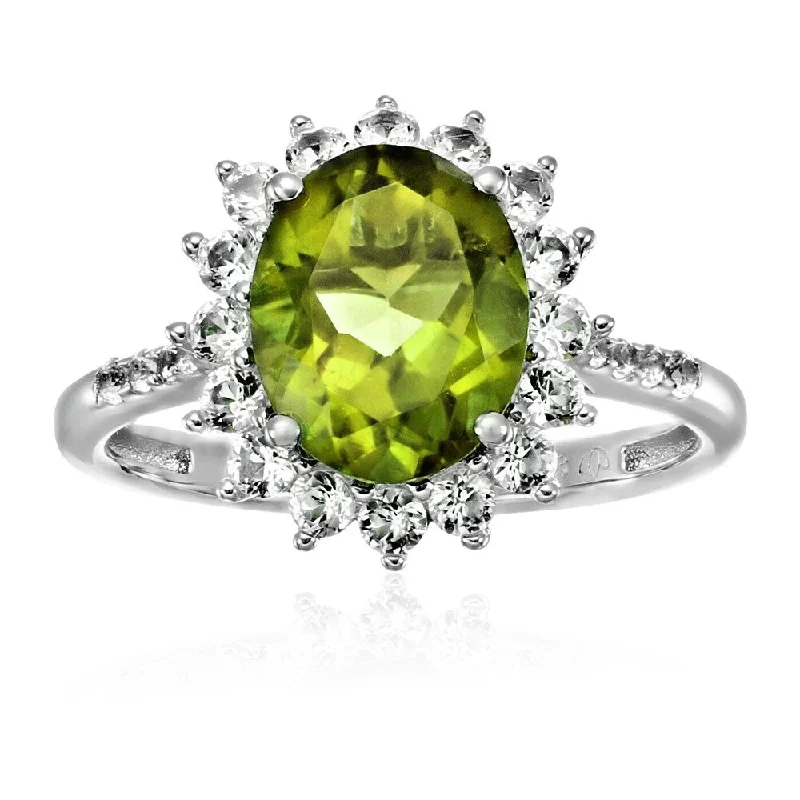 Luxury gemstone rings with diamond halos cost a fortune-Sterling Silver Peridot & White Sapphire Engagement Halo Engagement Ring Size - 7