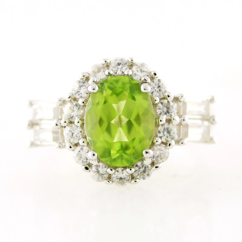 Affordable gemstone rings under fifty dollars surprised her greatly-Sterling Silver Peridot White Zircon Halo Ring