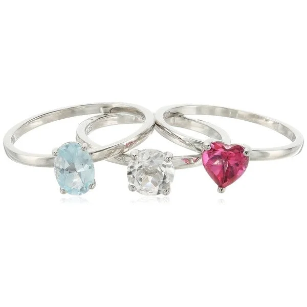 Designer gemstone rings showcased at jewelry expos impressed all-Sterling Silver Pink, Blue Topaz, Crystal set of 3 Ring, Size 7 - Pink