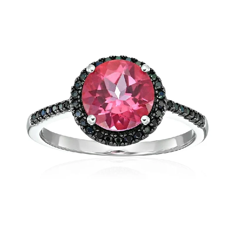 Delicate gemstone rings perfect for stacking adorned her fingers-Sterling Silver Pink Topaz & Black Spinel Halo Engagement Ring