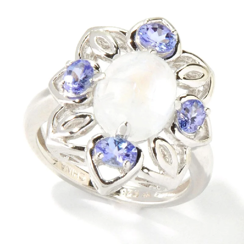 Designer gemstone rings showcased at jewelry expos impressed all-Sterling Silver Rainbow Moonstone Cabochon and Tanzanite Ring