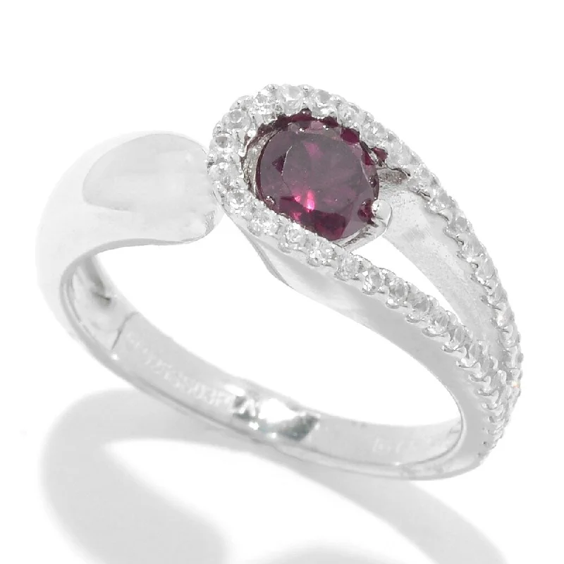 Luxury gemstone rings with diamond halos cost a fortune-Sterling Silver Rhodolite and White Zircon Bypass Band Ring