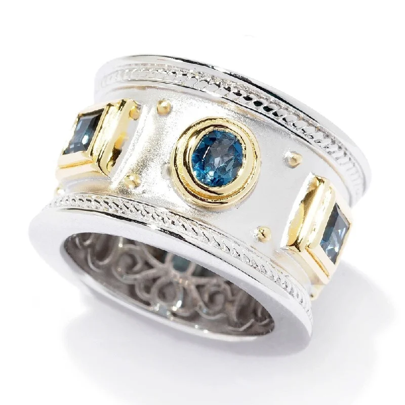 Ethical gemstone rings sourced from sustainable mines gained traction-Sterling Silver Two-tone London Blue Topaz Etruscan Wide Band Ring