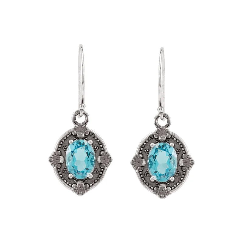 Sterling Silver Victorian Style Swiss Blue Topaz Dangle Earrings