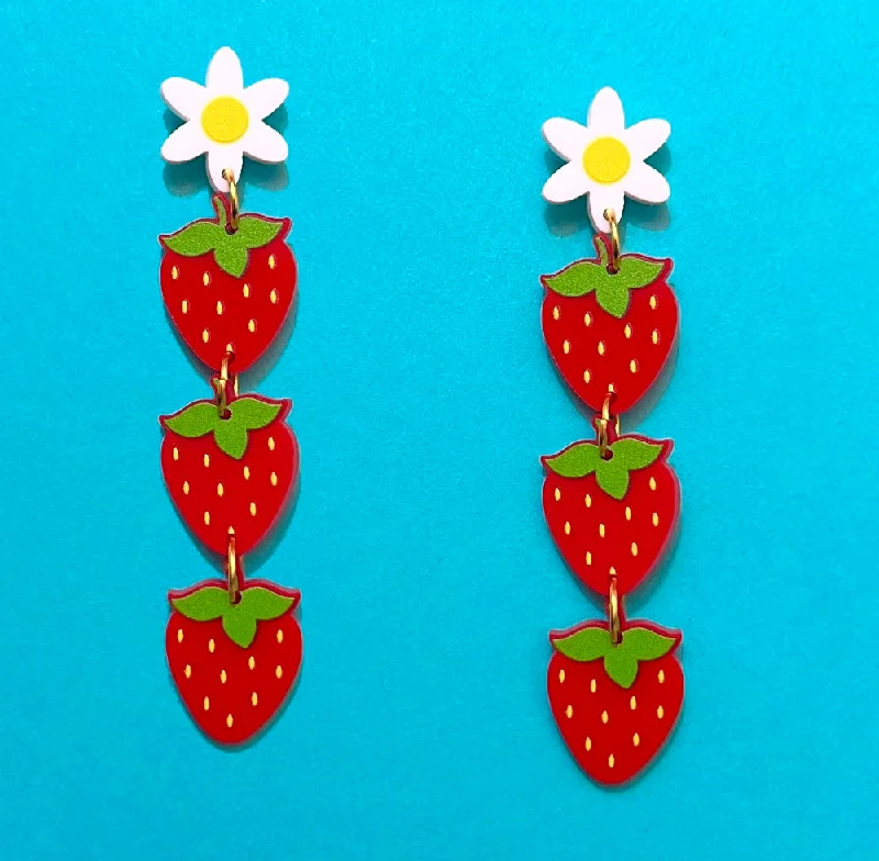 Drop earrings with rainbow-colored stones for a vibrant and joyful fashion accessory -Strawberry Daisy Tiered Drop Earrings