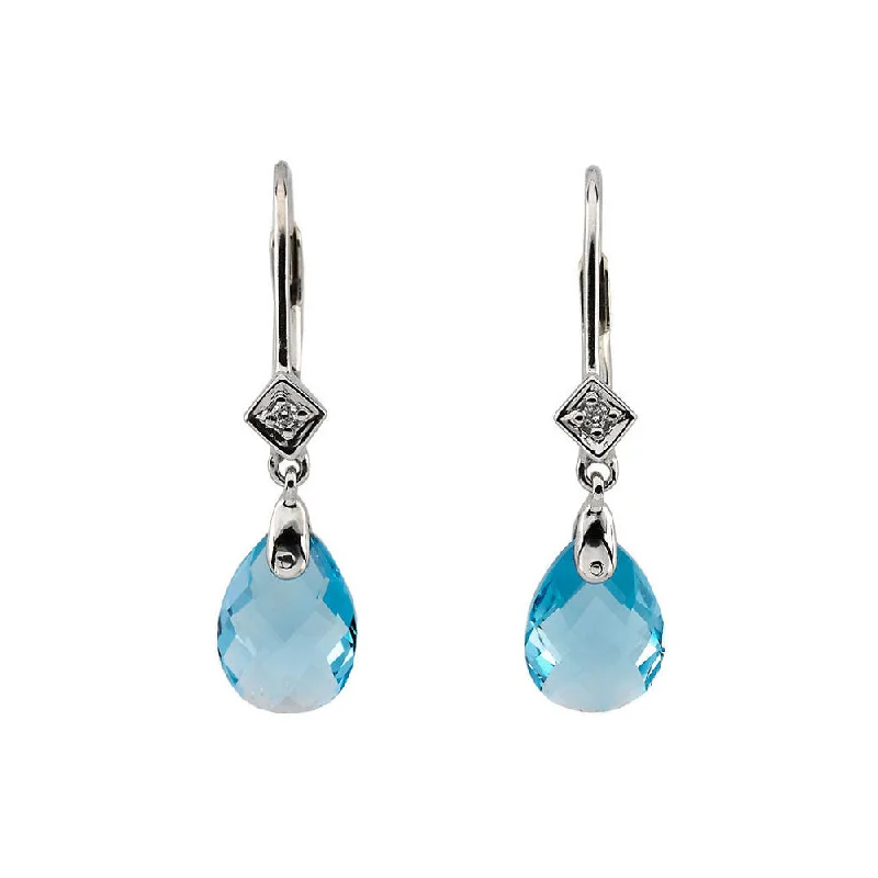 Swiss Blue Topaz & Diamond Lever Back Earrings in 14k White Gold