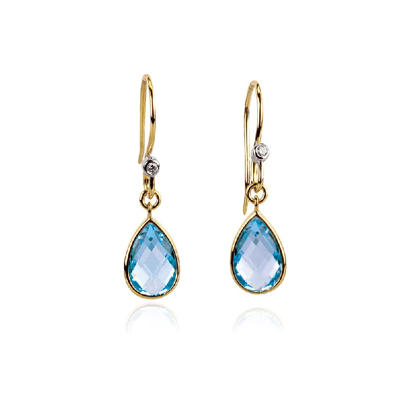 Swiss Blue Topaz Teardrop & Diamond Dangle Earrings in 14k Yellow Gold