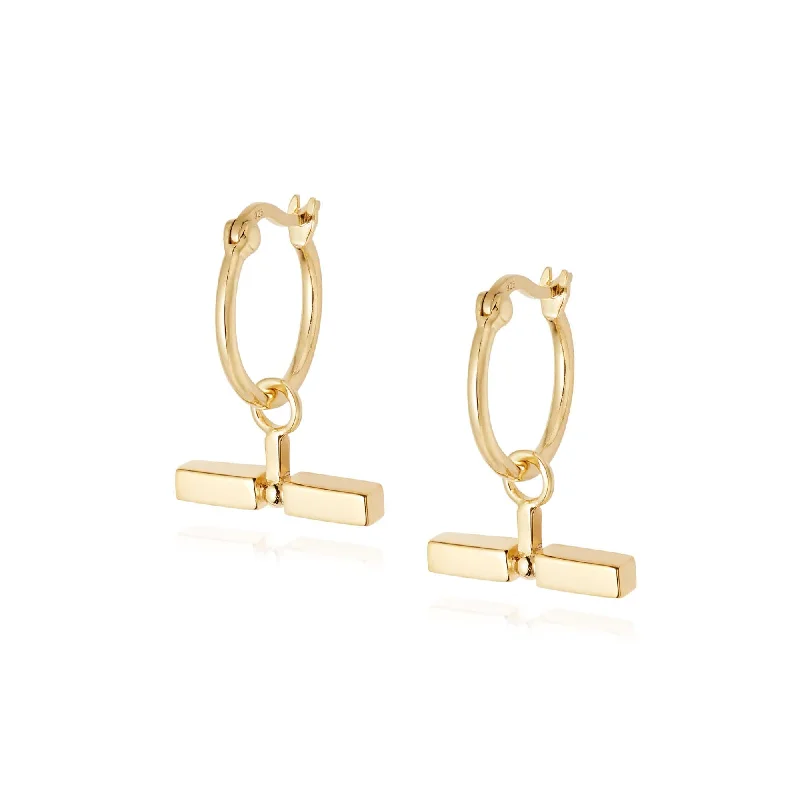 Drop earrings with intricate lace detailing for a vintage-inspired and feminine style -T Bar Earrings 18ct Gold Plate