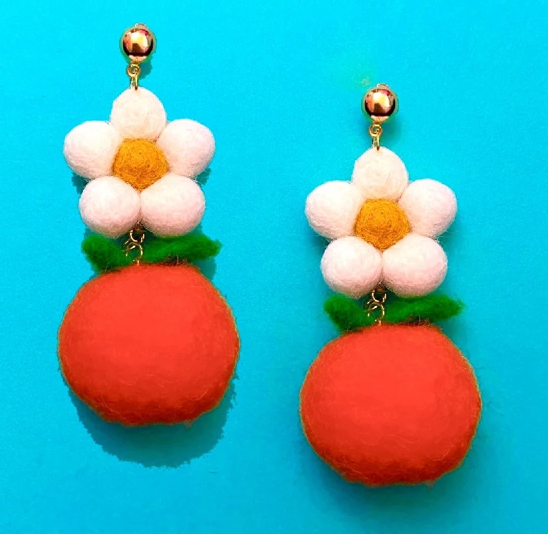 Drop earrings with minimalist design featuring a single gemstone for simple elegance -Tangerine Daisy Wool Felt Drop Earrings