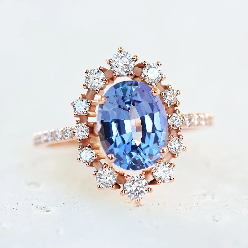 Classic gemstone rings in timeless gold bands never fade-Oval Tanzanite & Diamonds Halo Engagement Ring, Glory ♥