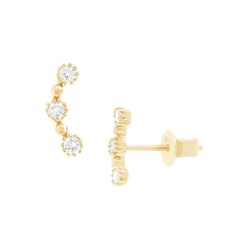 Three Stone Diamond Bezel Ear Climber Studs