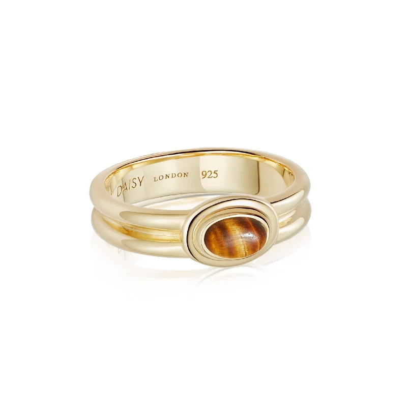 Colorful gemstone rings with vibrant opals shimmered in light-Tigers Eye Ring 18ct Gold Plate