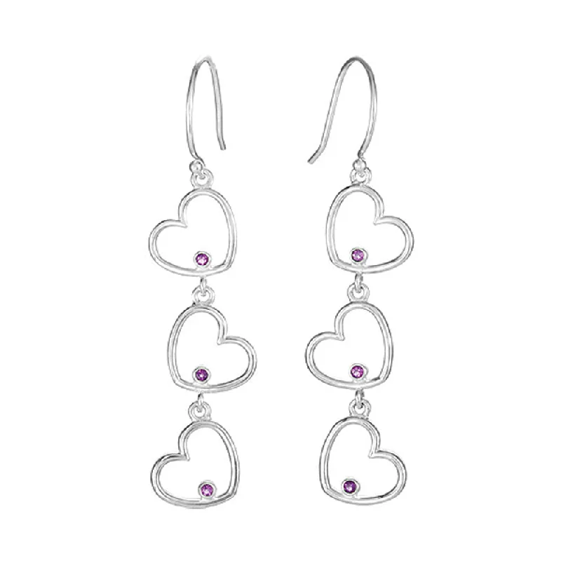 Triple Heart Amethyst Dangle Earrings in Sterling Silver