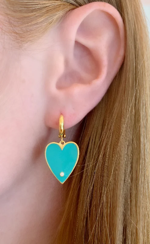 Drop earrings with rainbow-colored stones for a fun and vibrant accessory -Turquoise Big Enamel Heart Earrings