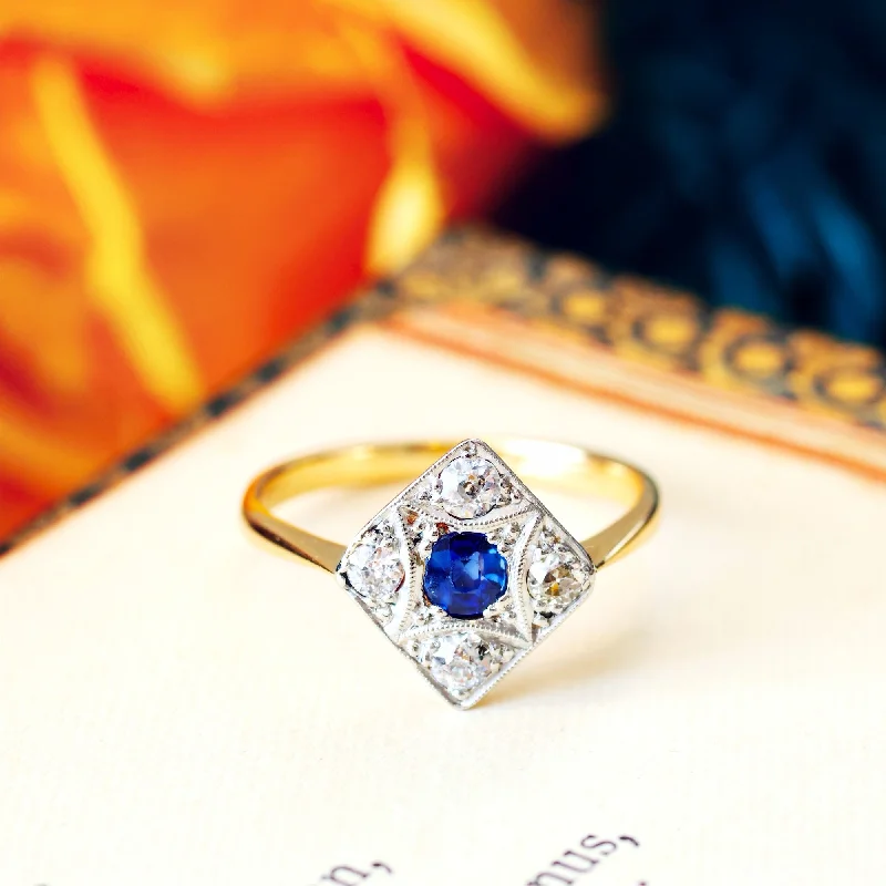 She adored her handcrafted gemstone rings with natural turquoise-Glam Vintage Art Deco Sapphire & Diamond Cluster Ring