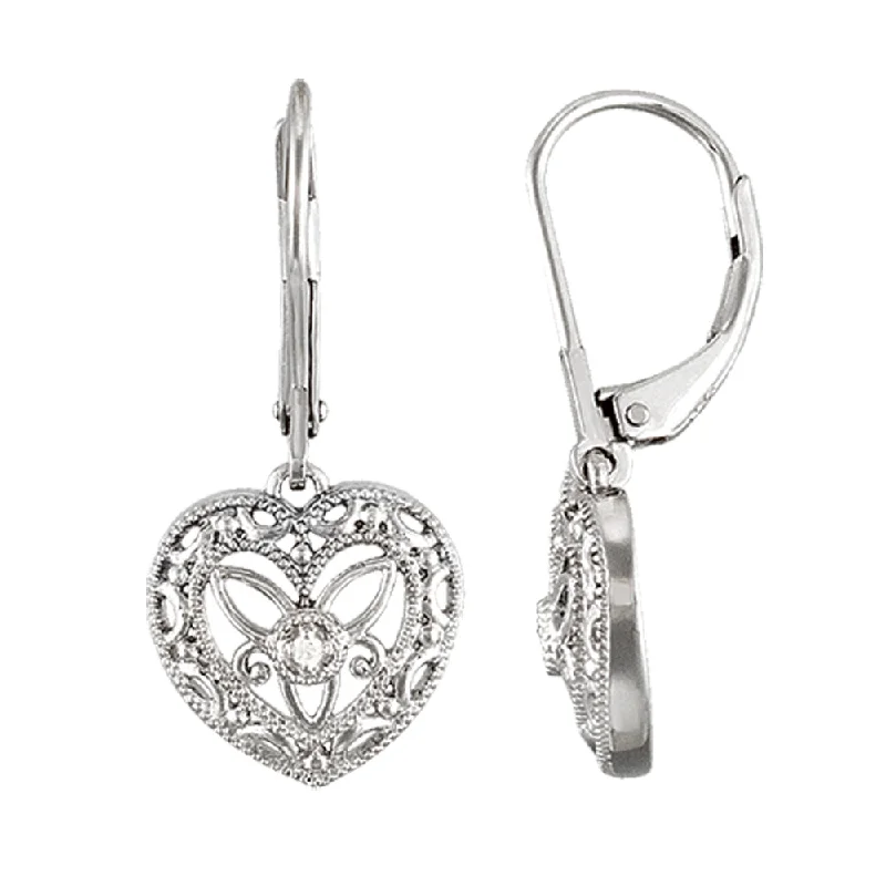 Vintage Style Diamond Heart Earrings in Sterling Silver