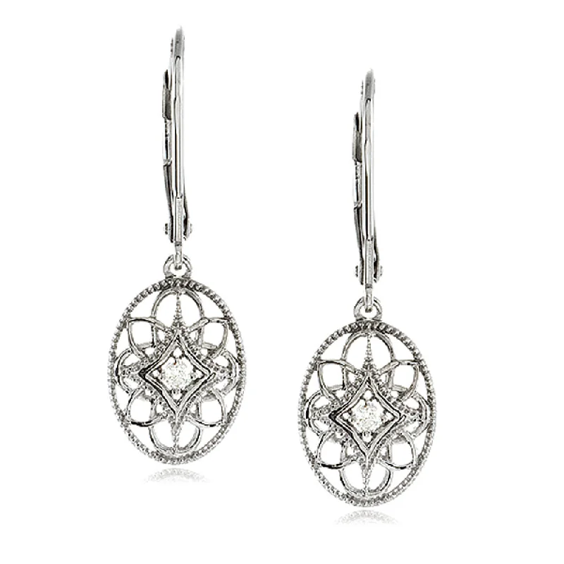 Vintage Style Diamond Oval Earrings in Sterling Silver