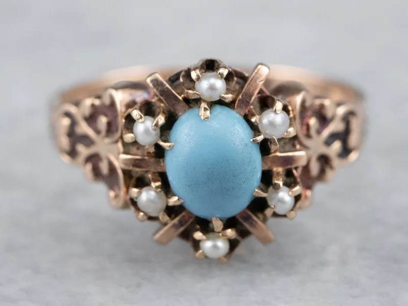 Personalized gemstone rings engraved with initials felt so special-Victorian Era Glass Turquoise and Seed Pearl Halo Ring