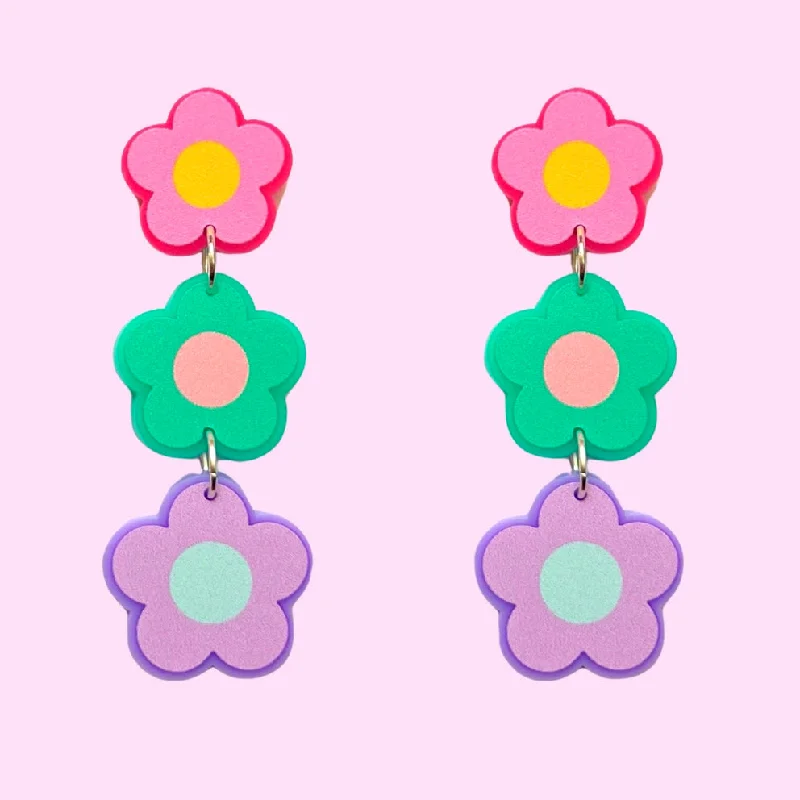 Drop earrings featuring leaf designs for nature-inspired jewelry and organic aesthetics -Pastel Retro Flower Tiered Drop Earrings