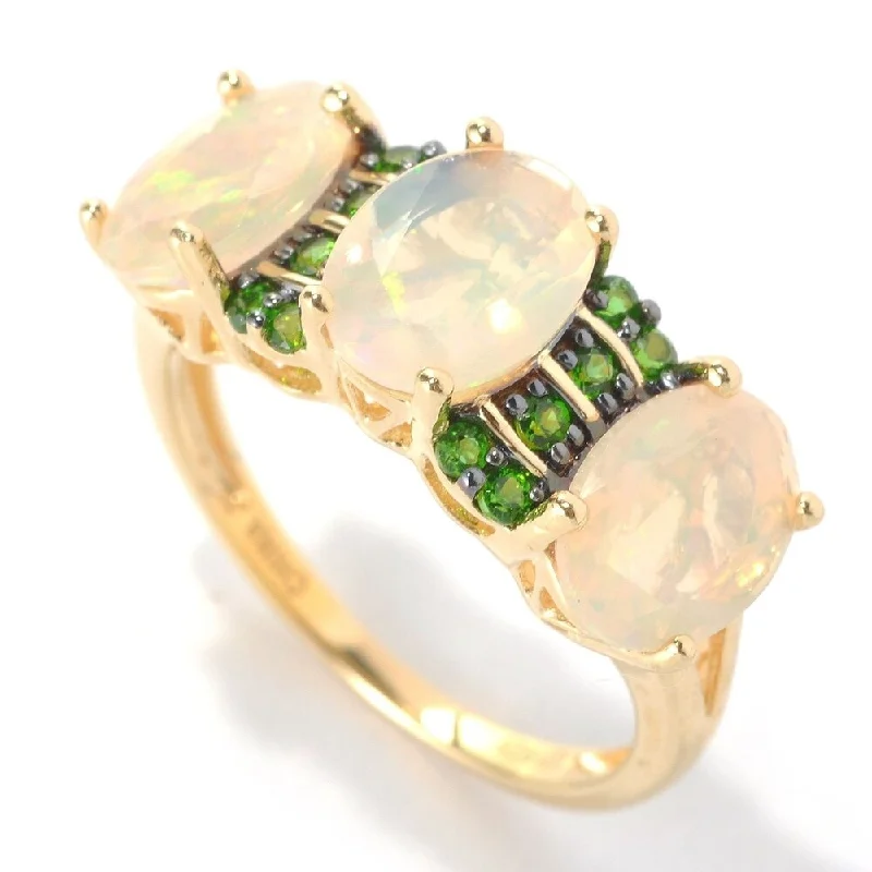 Trendy gemstone rings in modern minimalist styles are popular-Yellow Gold Over Silver Chrome Diopside and Opal Ring